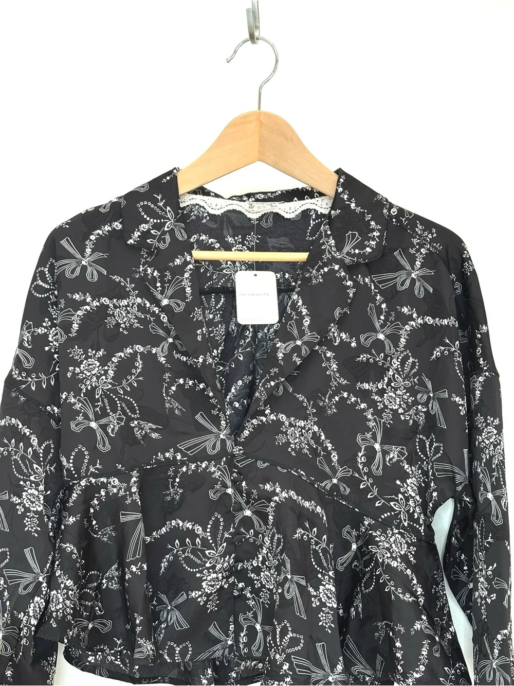 Free People Beauty Sleep Satin Pajama Top Floral Bow Print Black Small New